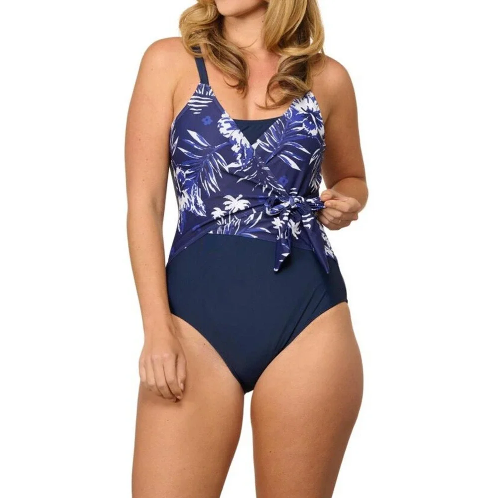 Navy Blue Hibiscus Floral Faux Wrap One Piece Swimsuit Adjustable‎ Straps SZ 14